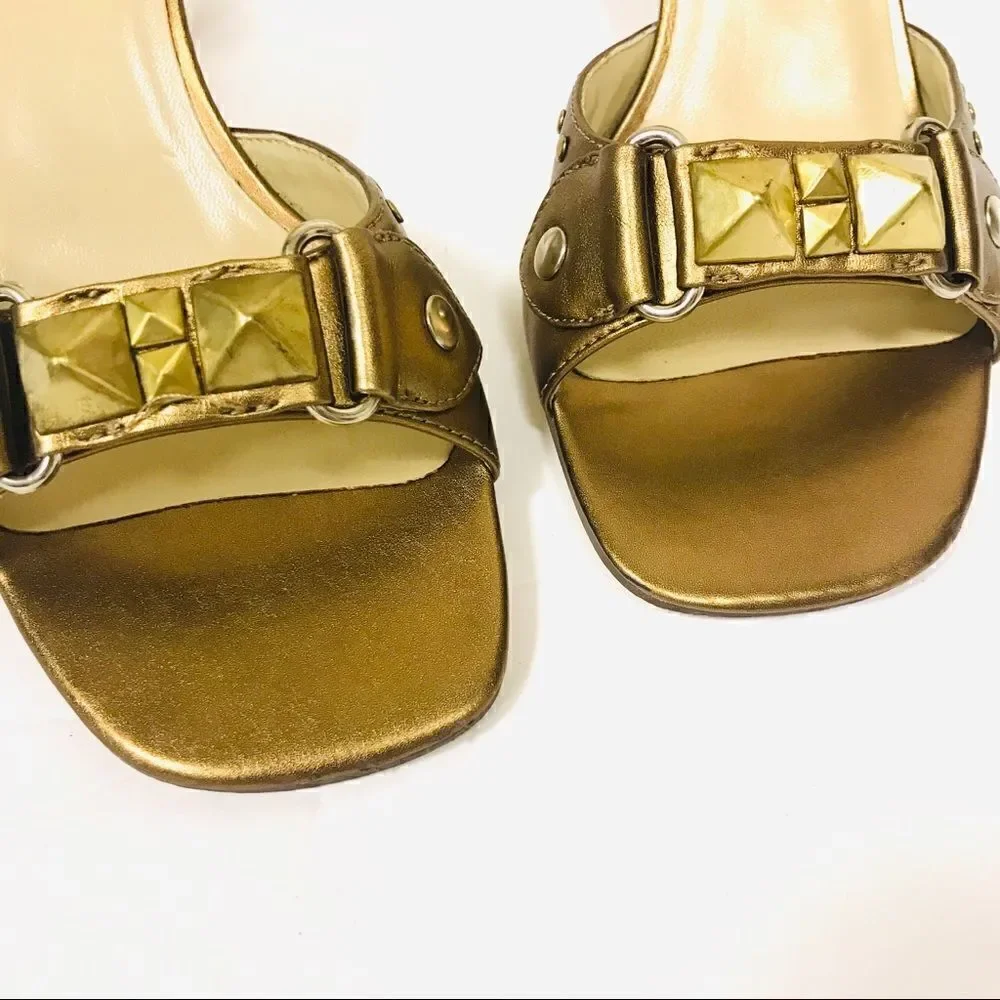 Terry Lewis bronze open toe kitten heels.  Size 8W